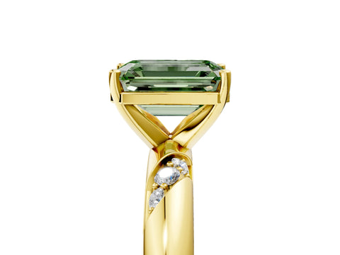 Yellow gold Fancy Green Emerald Cut Solitaire Diamond Engagement Ring with Twisted Pave Band and Four-Prong Setting_8