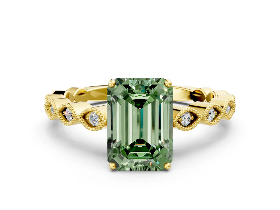 Yellow gold Fancy Green Emerald Cut Solitaire Diamond Ring with Infinity Twist Band and Four-Prong Setting