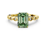 Yellow gold Fancy Green Emerald Cut Solitaire Diamond Ring with Infinity Twist Band and Four-Prong Setting
