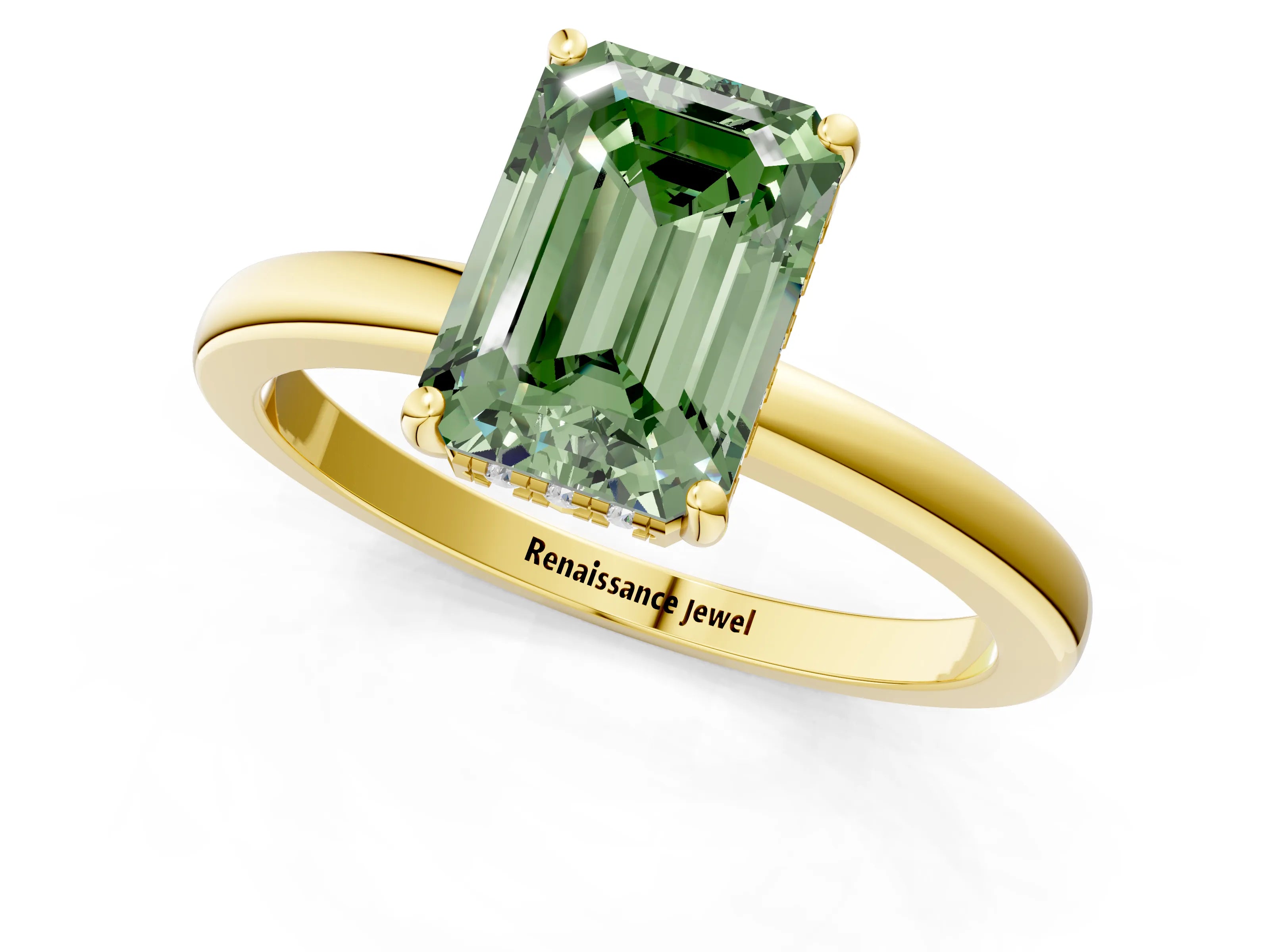 Yellow gold Fancy Green Emerald Cut Solitaire Diamond Ring with Prong Setting and Plain Band_1