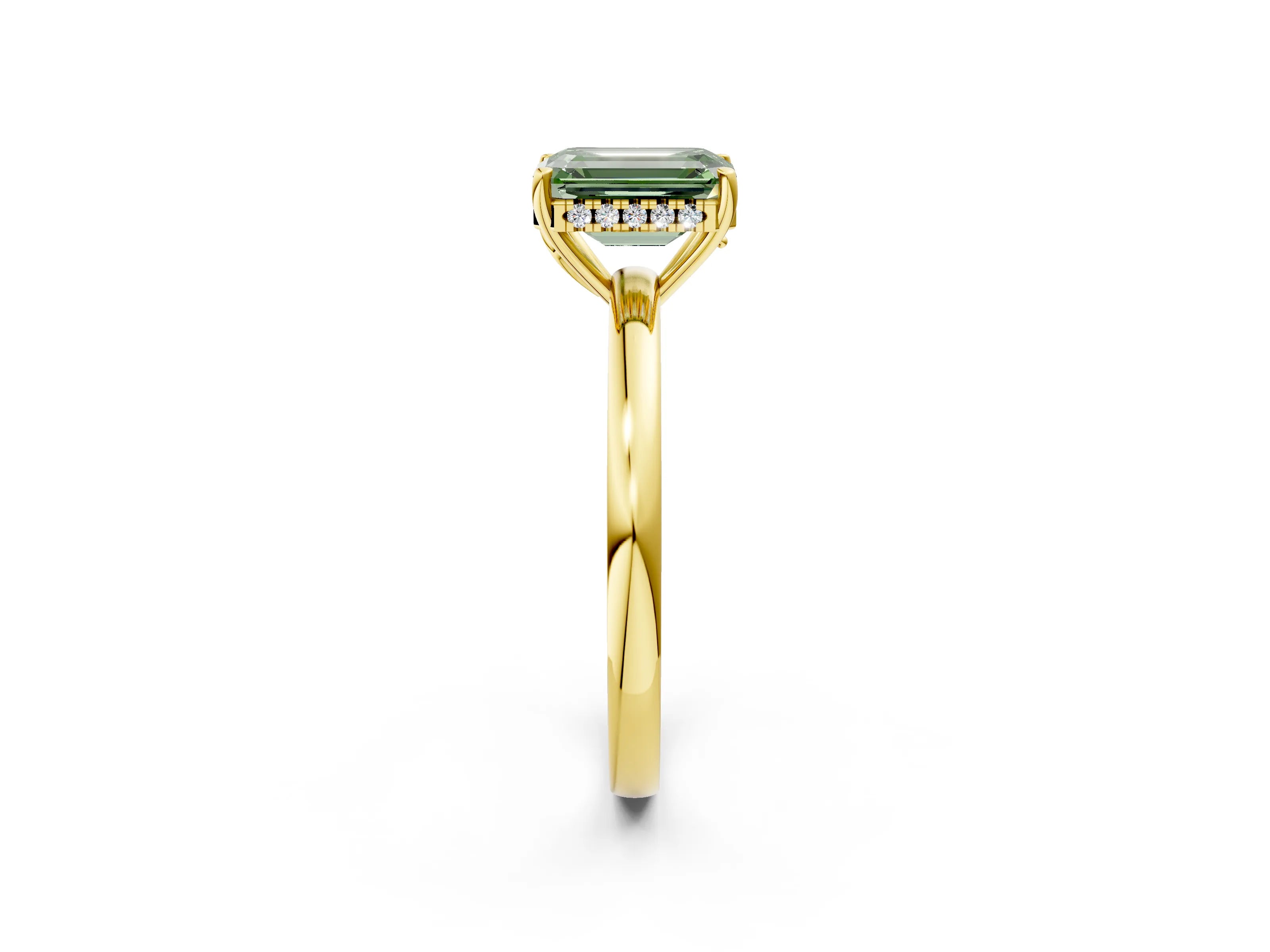 Yellow gold Fancy Green Emerald Cut Solitaire Diamond Ring with Prong Setting and Plain Band_2