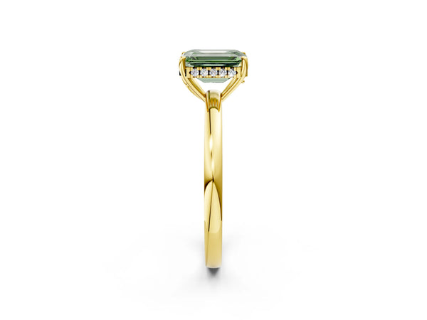 Yellow gold Fancy Green Emerald Cut Solitaire Diamond Ring with Prong Setting and Plain Band