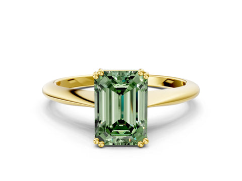 Yellow gold Fancy Green Emerald Cut Solitaire Diamond Ring with Six-Prong Setting and Classic Band