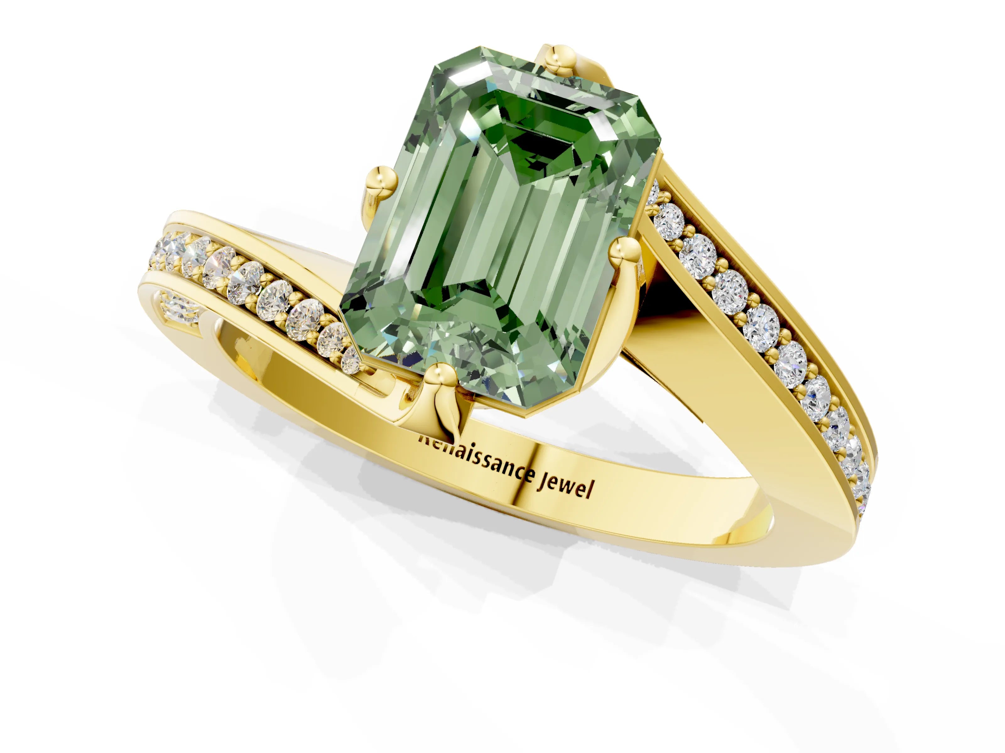 Yellow gold Fancy Green Emerald Cut Solitaire Diamond Twist Band with Pavé Setting and Four-Prong Setting_1