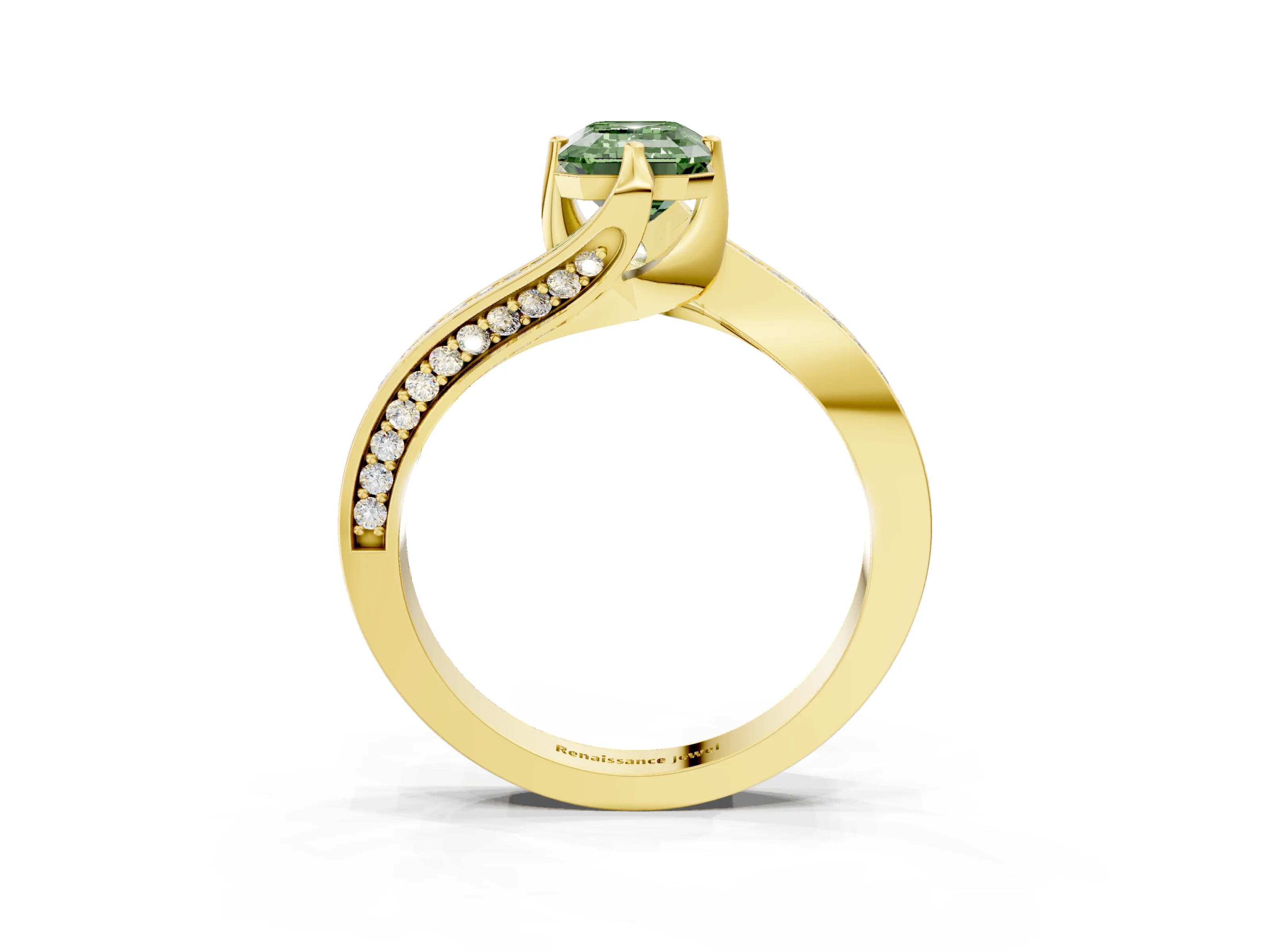 Yellow gold Fancy Green Emerald Cut Solitaire Diamond Twist Band with Pavé Setting and Four-Prong Setting_3