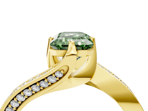 Yellow gold Fancy Green Emerald Cut Solitaire Diamond Twist Band with Pavé Setting and Four-Prong Setting_4
