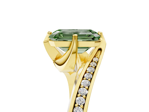 Yellow gold Fancy Green Emerald Cut Solitaire Diamond Twist Band with Pavé Setting and Four-Prong Setting_5