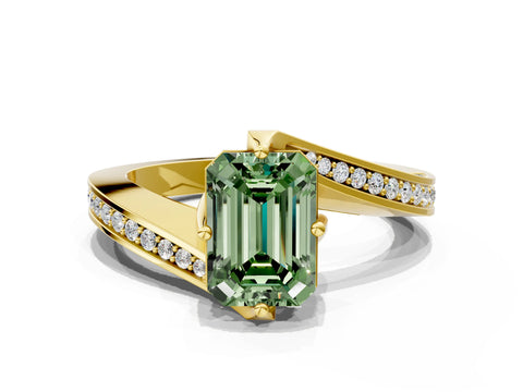 Yellow gold Fancy Green Emerald Cut Solitaire Diamond Twist Band with Pavé Setting and Four-Prong Setting