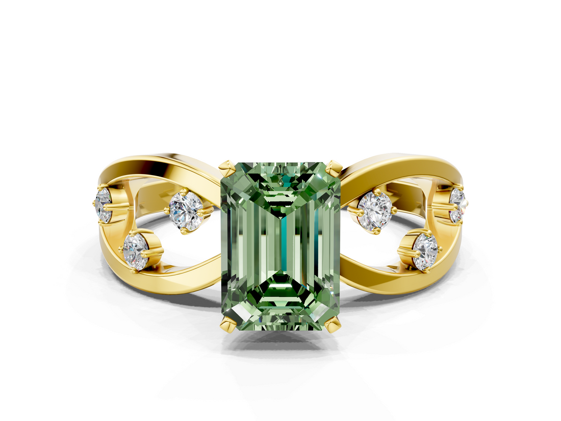 Yellow gold Fancy Green Emerald  Cut Solitaire Diamond with Side Stones on Criss-Cross Band and Four-Prong Setting_3