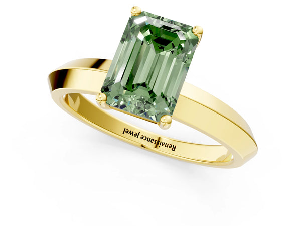 Yellow gold Fancy Green Emerald  Cut Solitaire Engagement Ring with Flat Band and Four-Prong Setting