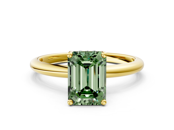 Yellow gold Fancy Green Emerald  Cut Solitaire Engagement Ring with Four-Prong Setting and Classic Band