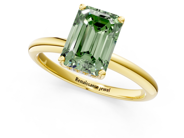 Yellow gold Fancy Green Emerald  Cut Solitaire Engagement Ring with Four-Prong Setting and Classic Band