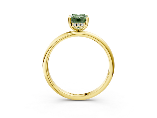 Yellow gold Fancy Green Emerald  Cut Solitaire Engagement Ring with Four-Prong Setting and Classic Band