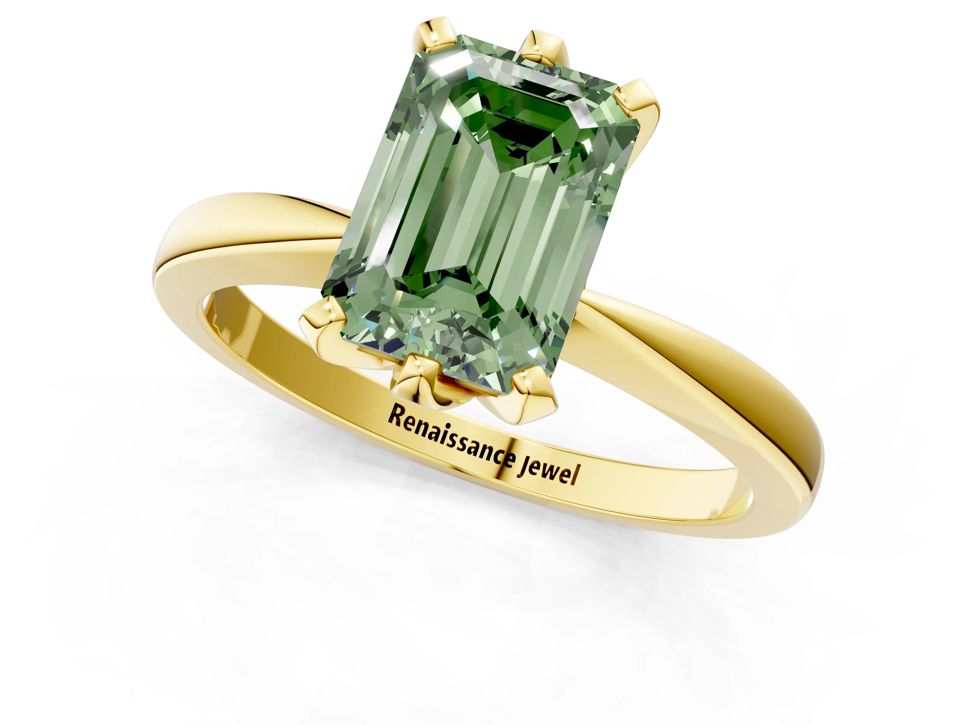 Yellow gold Fancy Green Emerald Cut Solitaire Engagement Ring with Six-Prong Setting and Tapered Band_1