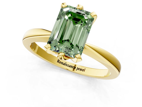 Yellow gold Fancy Green Emerald Cut Solitaire Engagement Ring with Six-Prong Setting and Tapered Band_1