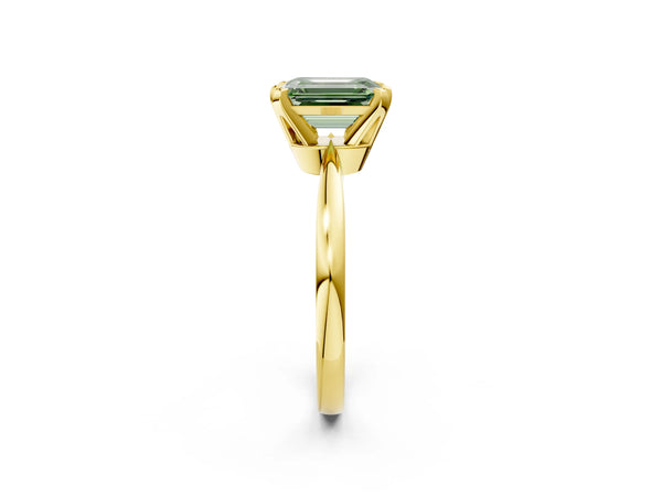 Yellow gold Fancy Green Emerald Cut Solitaire Engagement Ring with Six-Prong Setting and Tapered Band