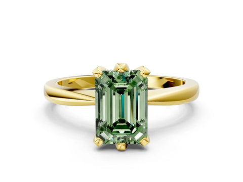 Yellow gold Fancy Green Emerald Cut Solitaire Engagement Ring with Six-Prong Setting and Tapered Band
