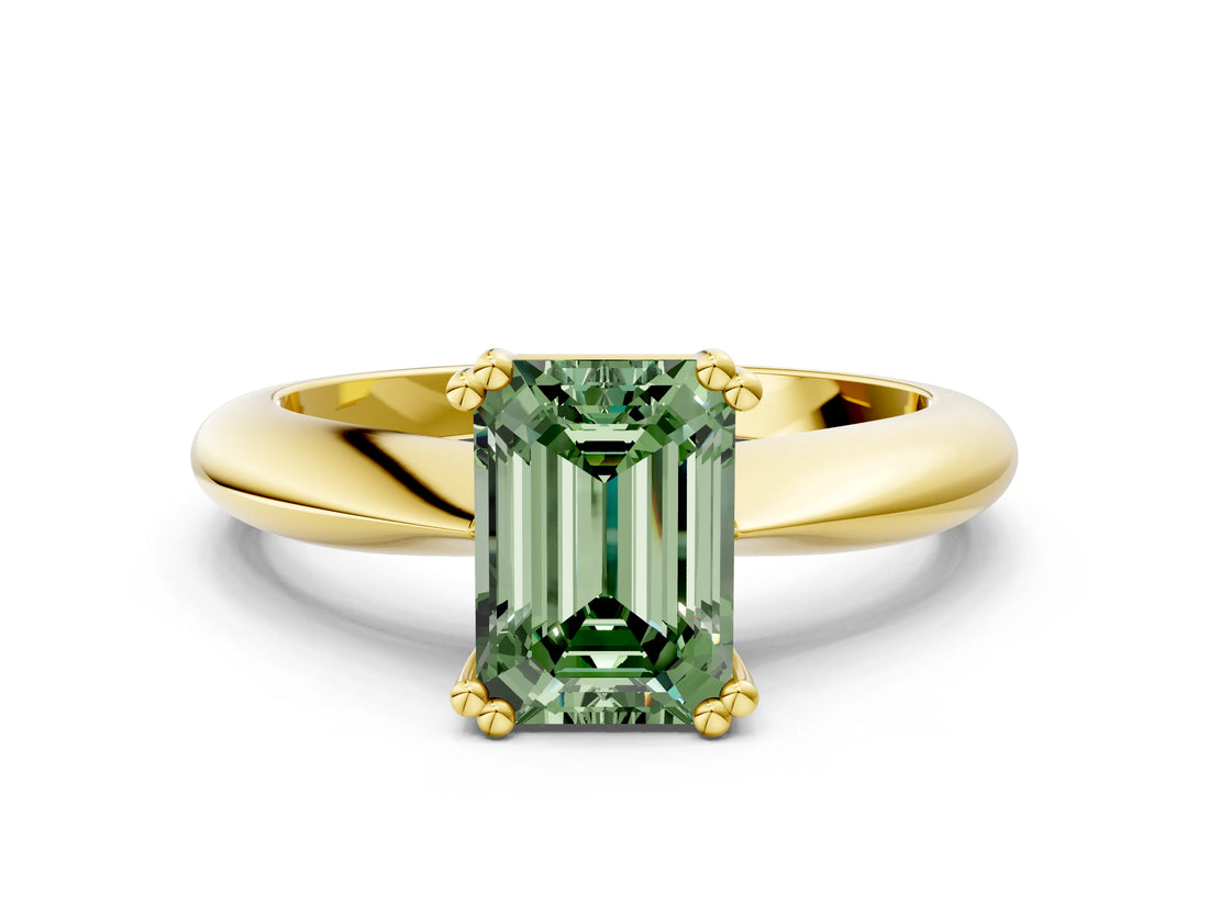 Yellow gold Fancy Green Emerald  Cut Solitaire Engagement Ring with Tapered Band and Four-Prong Setting 1