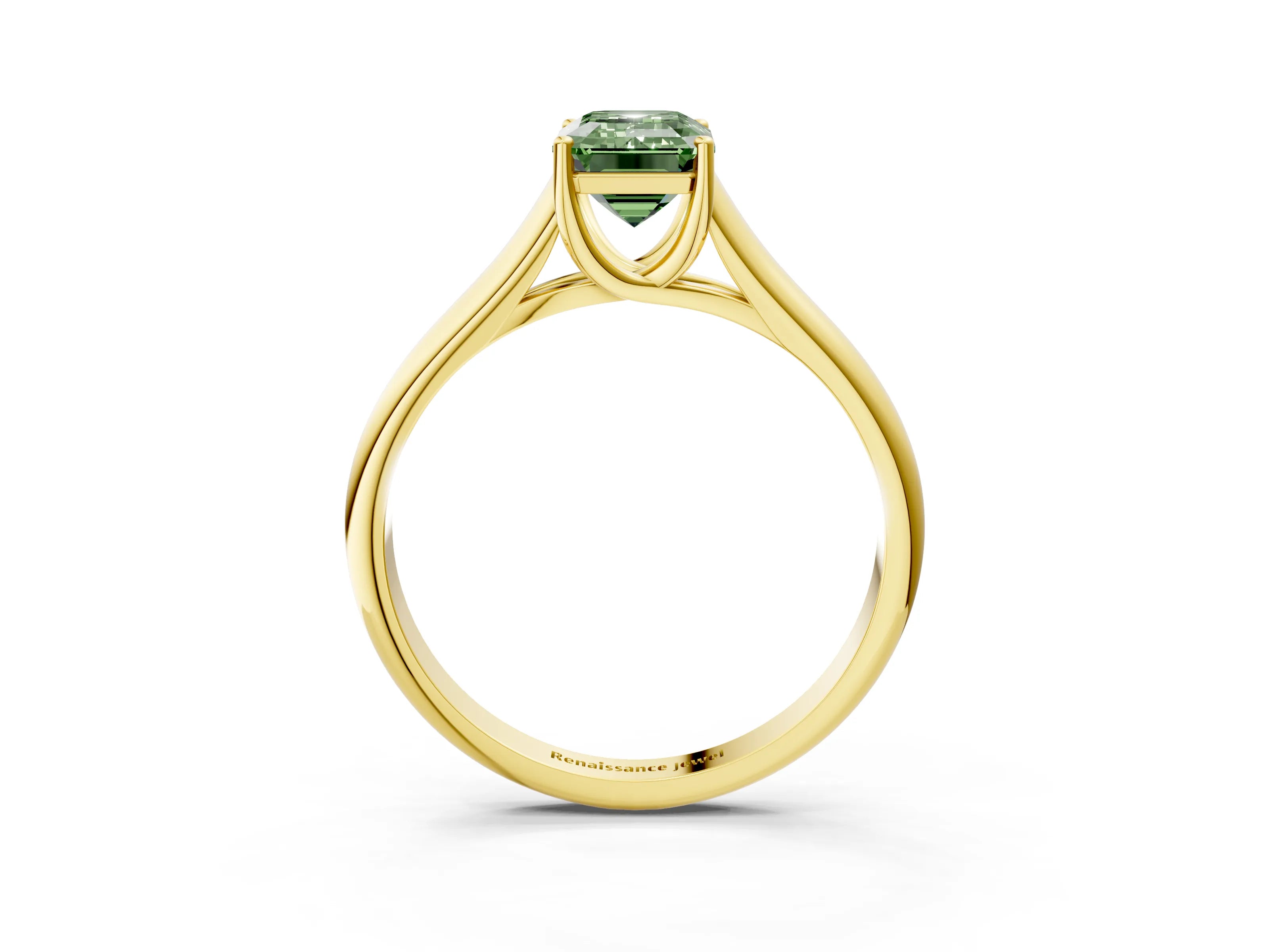 Yellow gold Fancy Green Emerald Cut Solitaire Engagement Ring with Tapered Band and Four-Prong Setting_6