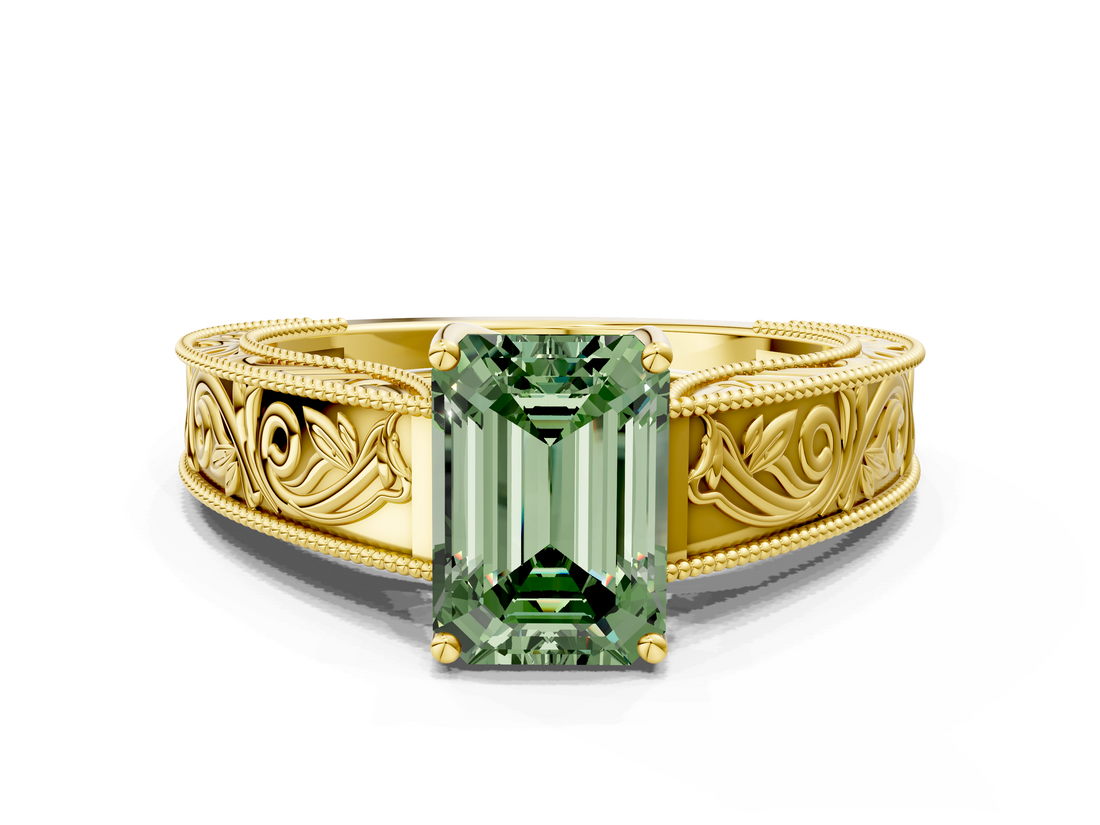 Yellow gold Fancy Green Emerald  Cut Solitaire Engraved Band with Four-Prong Setting_79