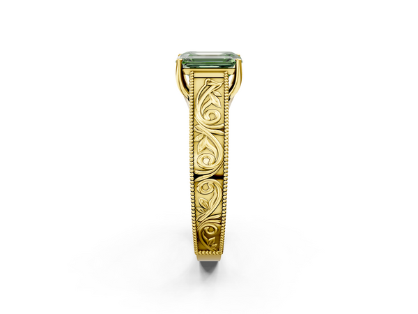 Yellow Gold Emerald Cut Vintage Engraved Solitaire Engagement Ring Setting for Fancy Green Center