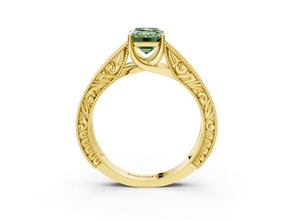 Yellow Gold Emerald Cut Vintage Engraved Solitaire Engagement Ring Setting for Fancy Green Center