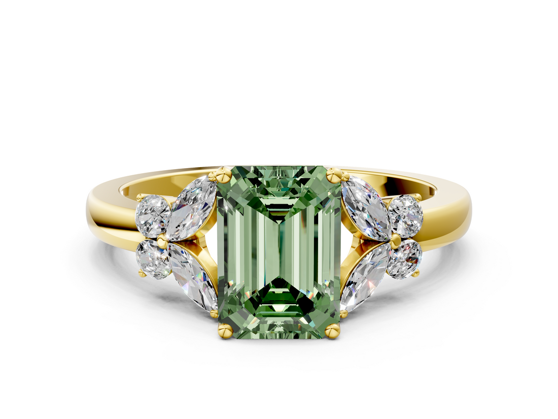 Yellow gold Fancy Green Emerald  Cut Solitaire Floral Diamond Ring with Four-Prong Setting_36