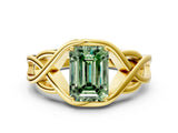 Yellow gold Fancy Green Emerald Cut Solitaire Intertwined Band Prong Setting Ring