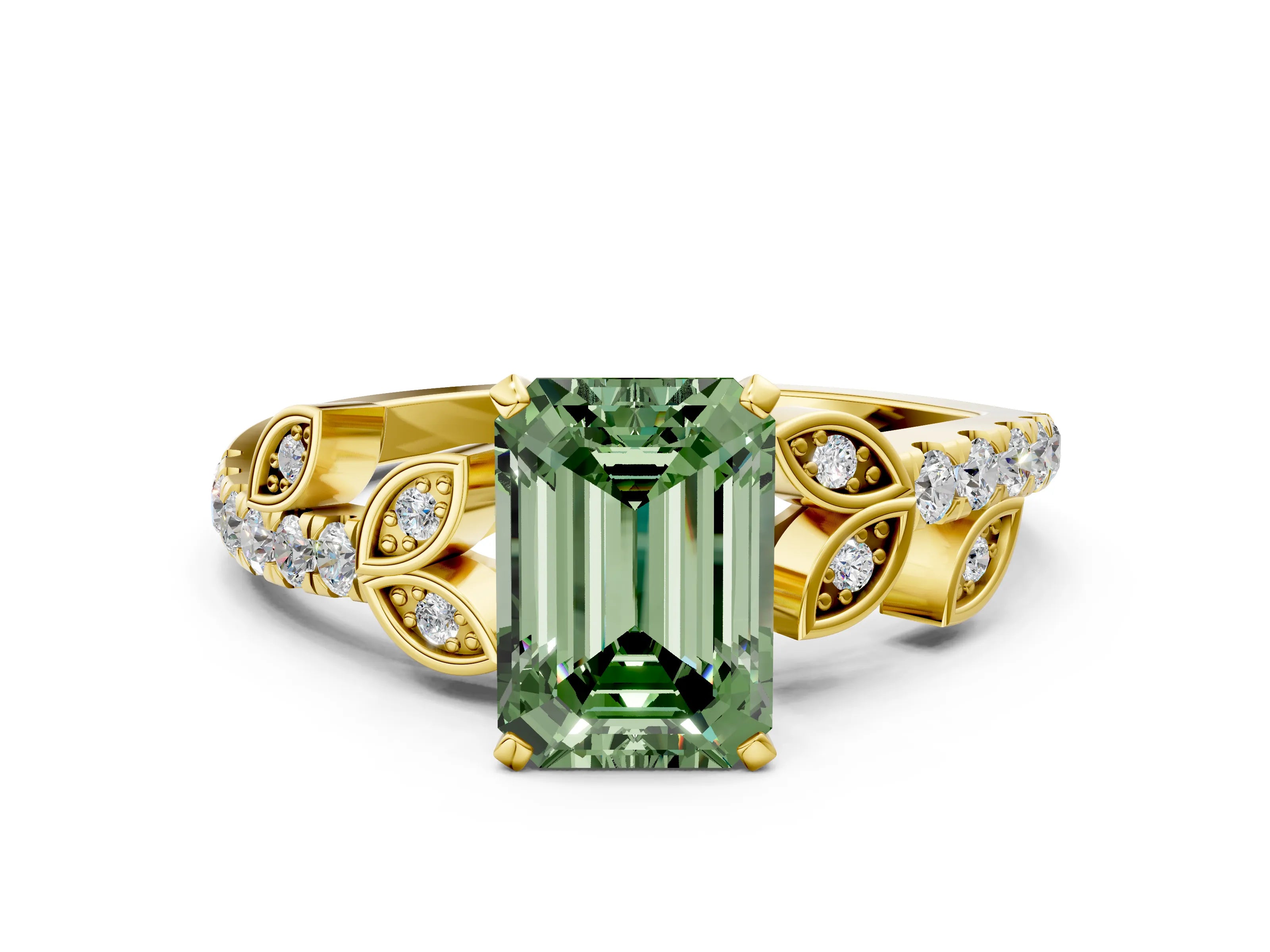 Yellow gold Fancy Green Emerald Cut Solitaire Leaf-Inspired Diamond Ring with Pavé Band and Four-Prong Setting