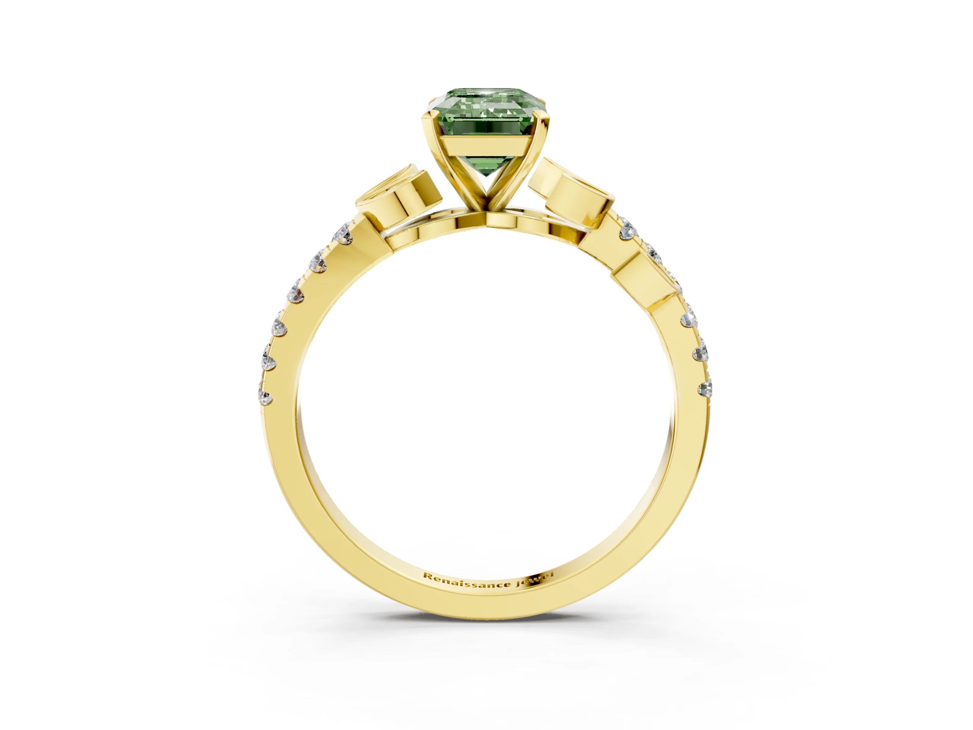 Yellow gold Fancy Green Emerald Cut Solitaire Leaf-Inspired Diamond Ring with Pavé Band and Four-Prong Setting_3