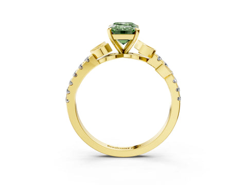 Yellow gold Fancy Green Emerald Cut Solitaire Leaf-Inspired Diamond Ring with Pavé Band and Four-Prong Setting_3