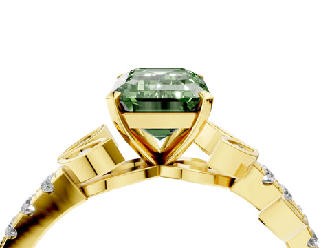 Yellow gold Fancy Green Emerald Cut Solitaire Leaf-Inspired Diamond Ring with Pavé Band and Four-Prong Setting_4