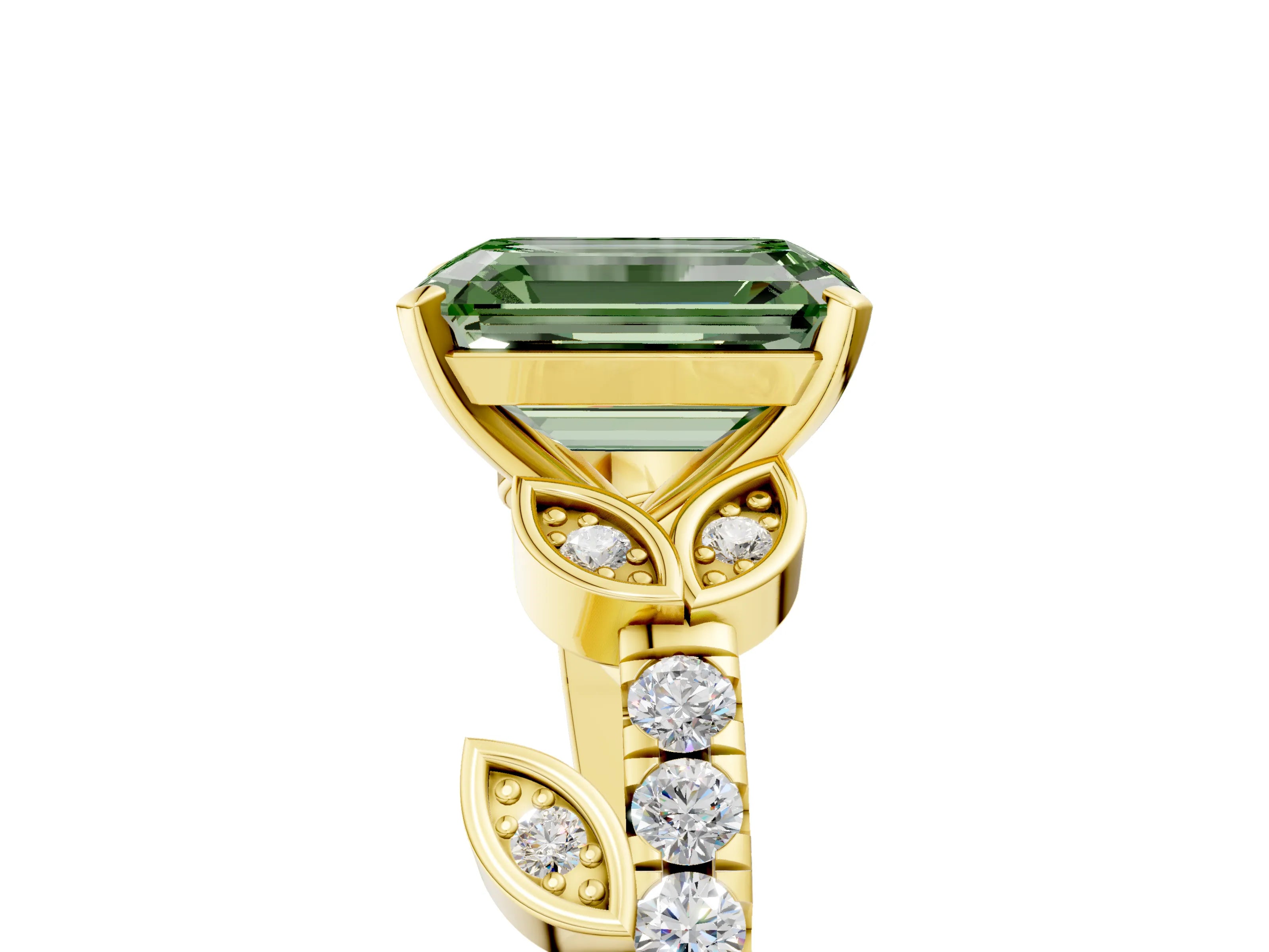 Yellow gold Fancy Green Emerald Cut Solitaire Leaf-Inspired Diamond Ring with Pavé Band and Four-Prong Setting_5