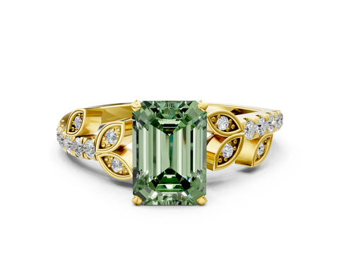 Yellow gold Fancy Green Emerald Cut Solitaire Leaf-Inspired Diamond Ring with Pavé Band and Four-Prong Setting