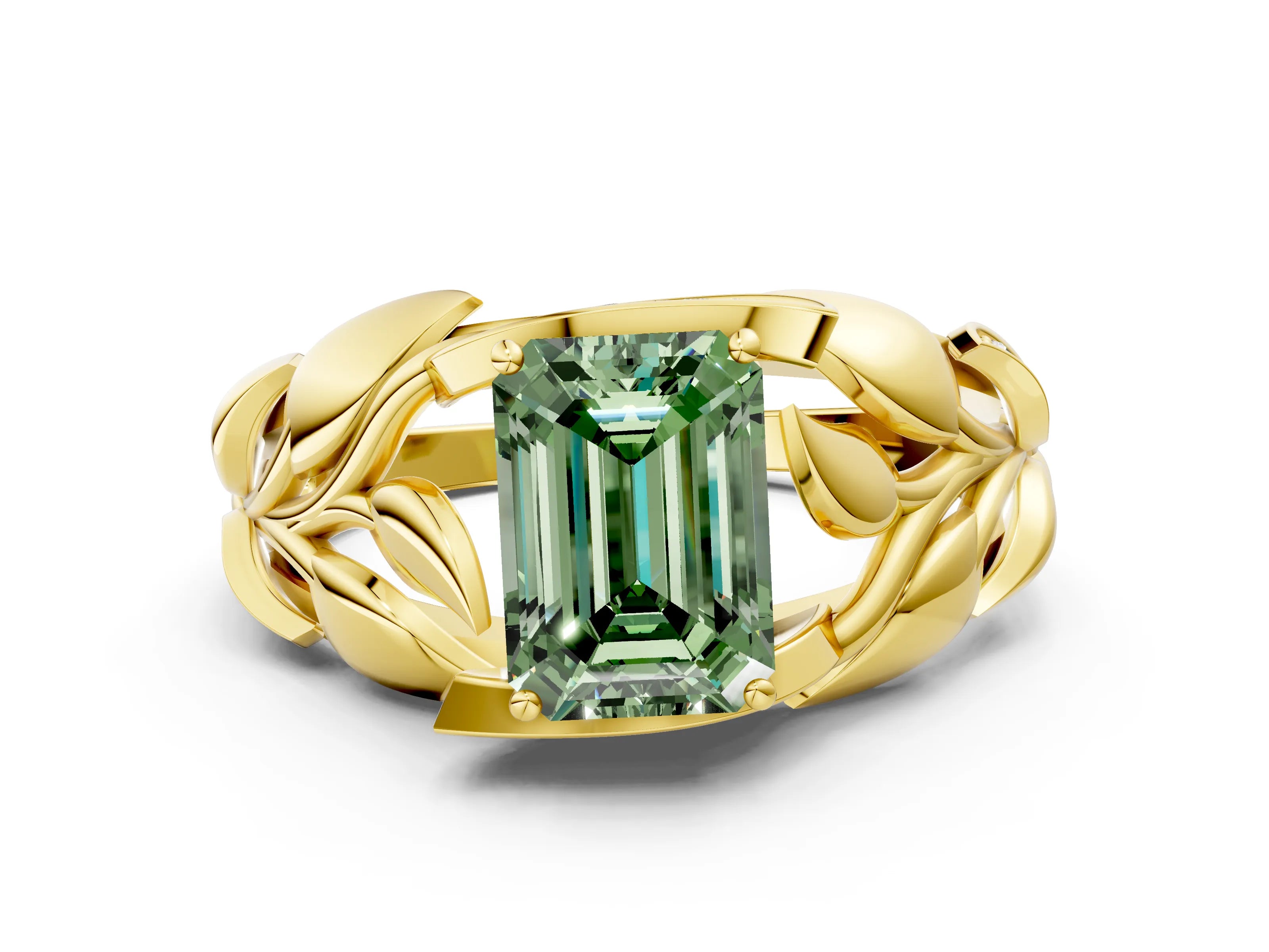 Yellow gold Fancy Green Emerald Cut Solitaire Leaf-Inspired Engagement Ring with Prong Setting