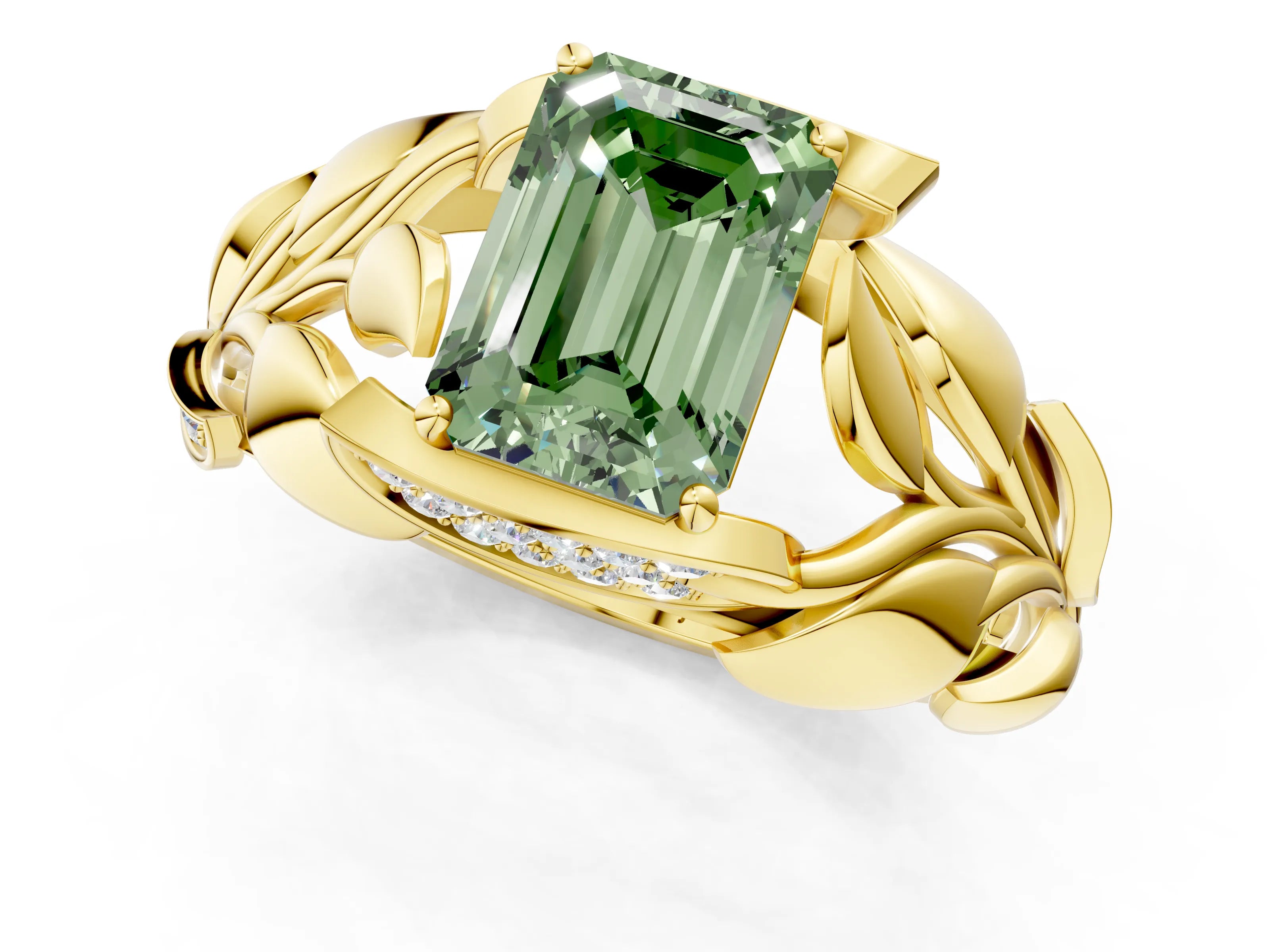 Yellow gold Fancy Green Emerald Cut Solitaire Leaf-Inspired Engagement Ring with Prong Setting_1