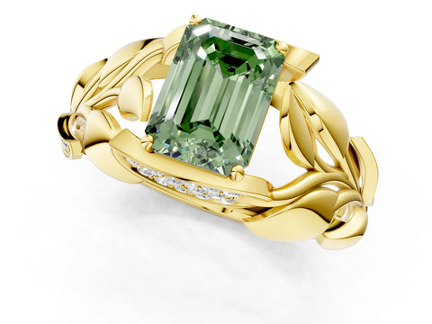 Yellow gold Fancy Green Emerald Cut Solitaire Leaf-Inspired Engagement Ring with Prong Setting_1