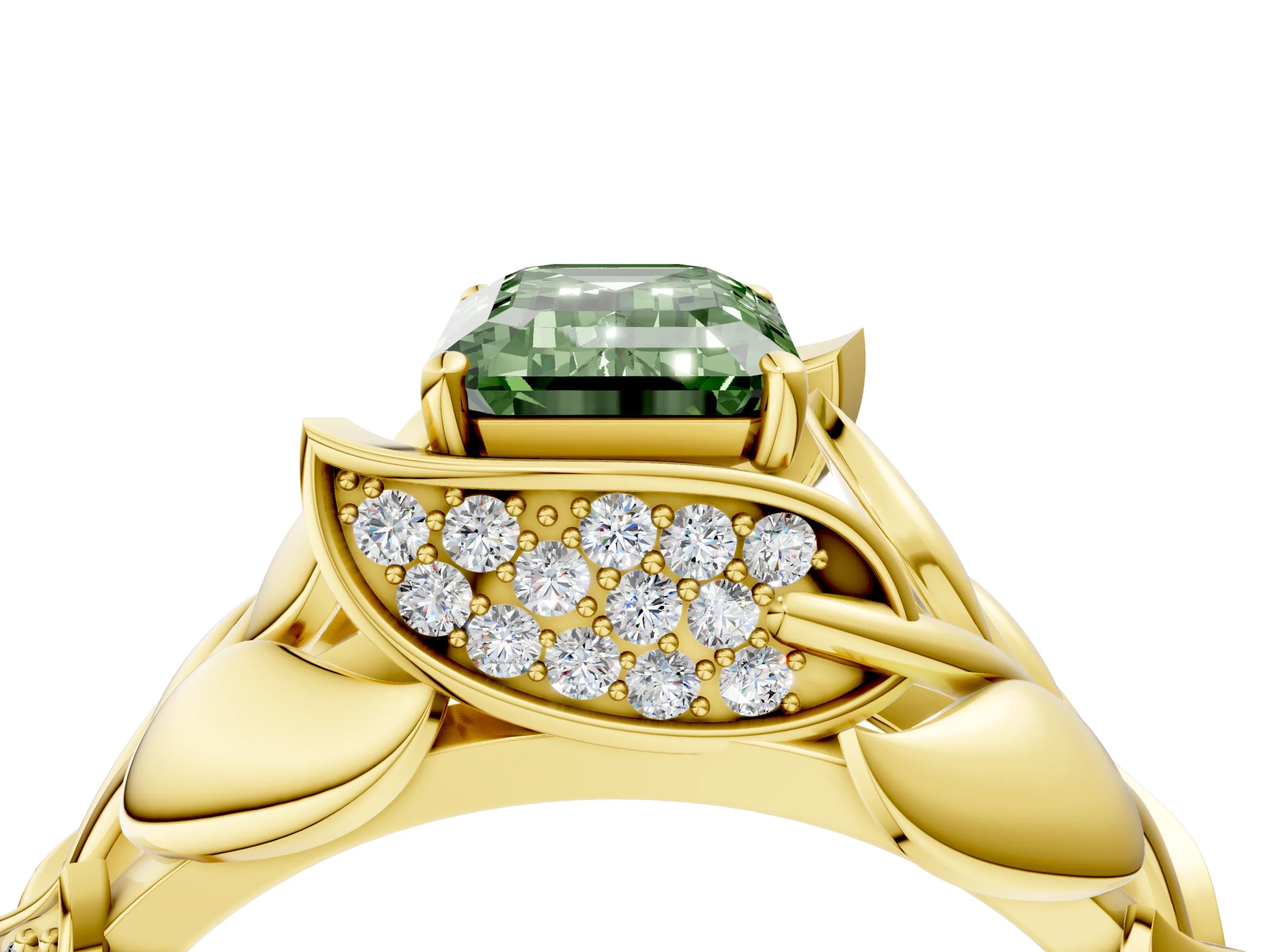 Yellow gold Fancy Green Emerald Cut Solitaire Leaf-Inspired Engagement Ring with Prong Setting_4