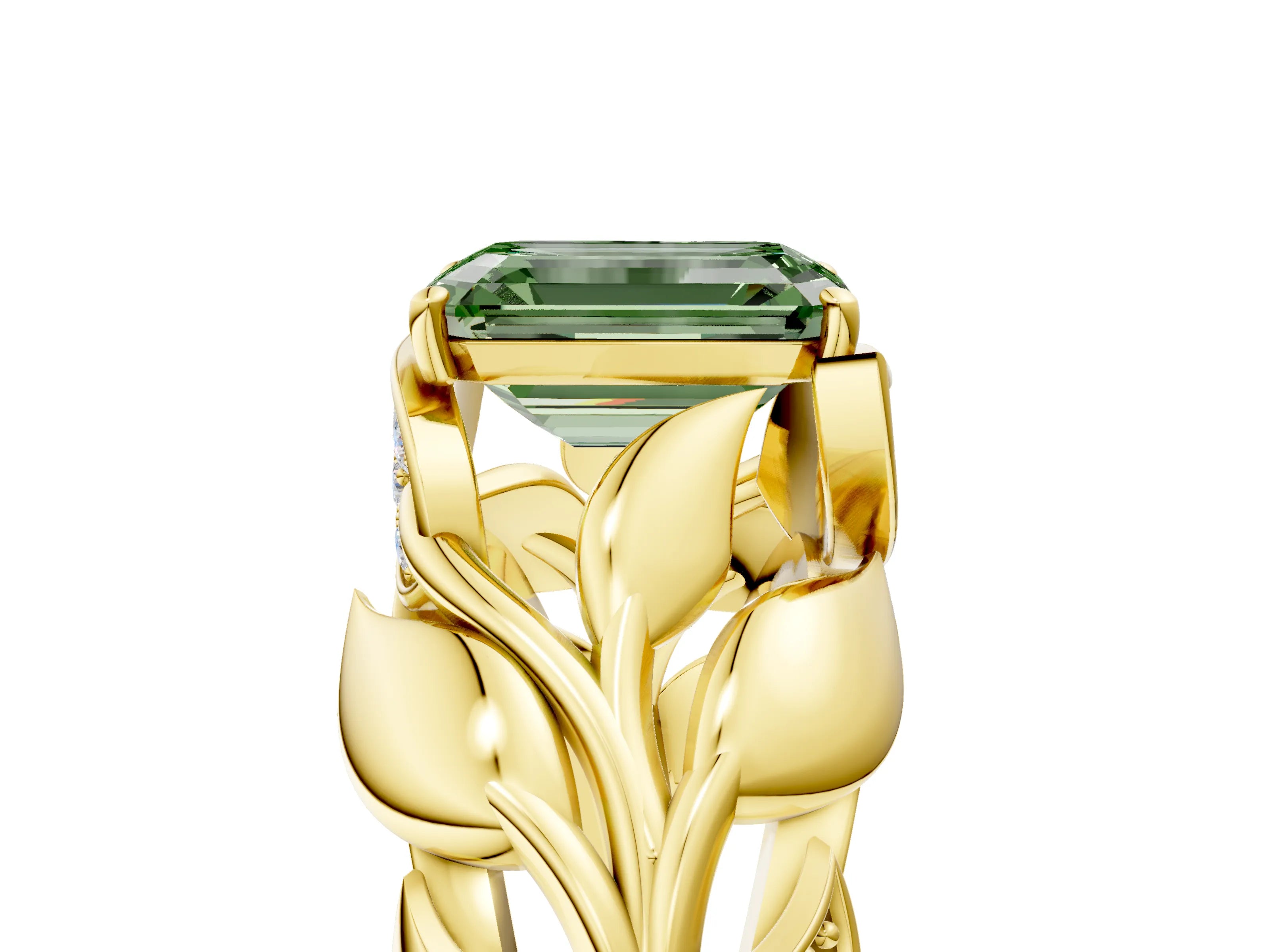 Yellow gold Fancy Green Emerald Cut Solitaire Leaf-Inspired Engagement Ring with Prong Setting_5