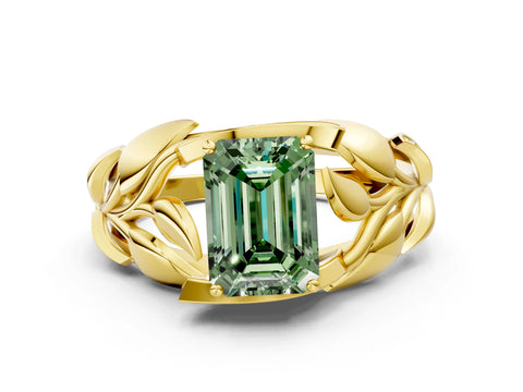 Yellow gold Fancy Green Emerald Cut Solitaire Leaf-Inspired Engagement Ring with Prong Setting