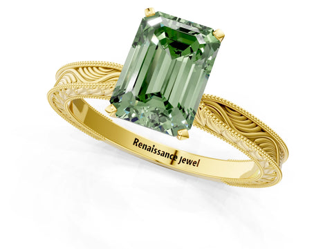 Yellow gold Fancy Green Emerald Cut Solitaire Milgrain Engraved Band with Four-Prong Setting_1