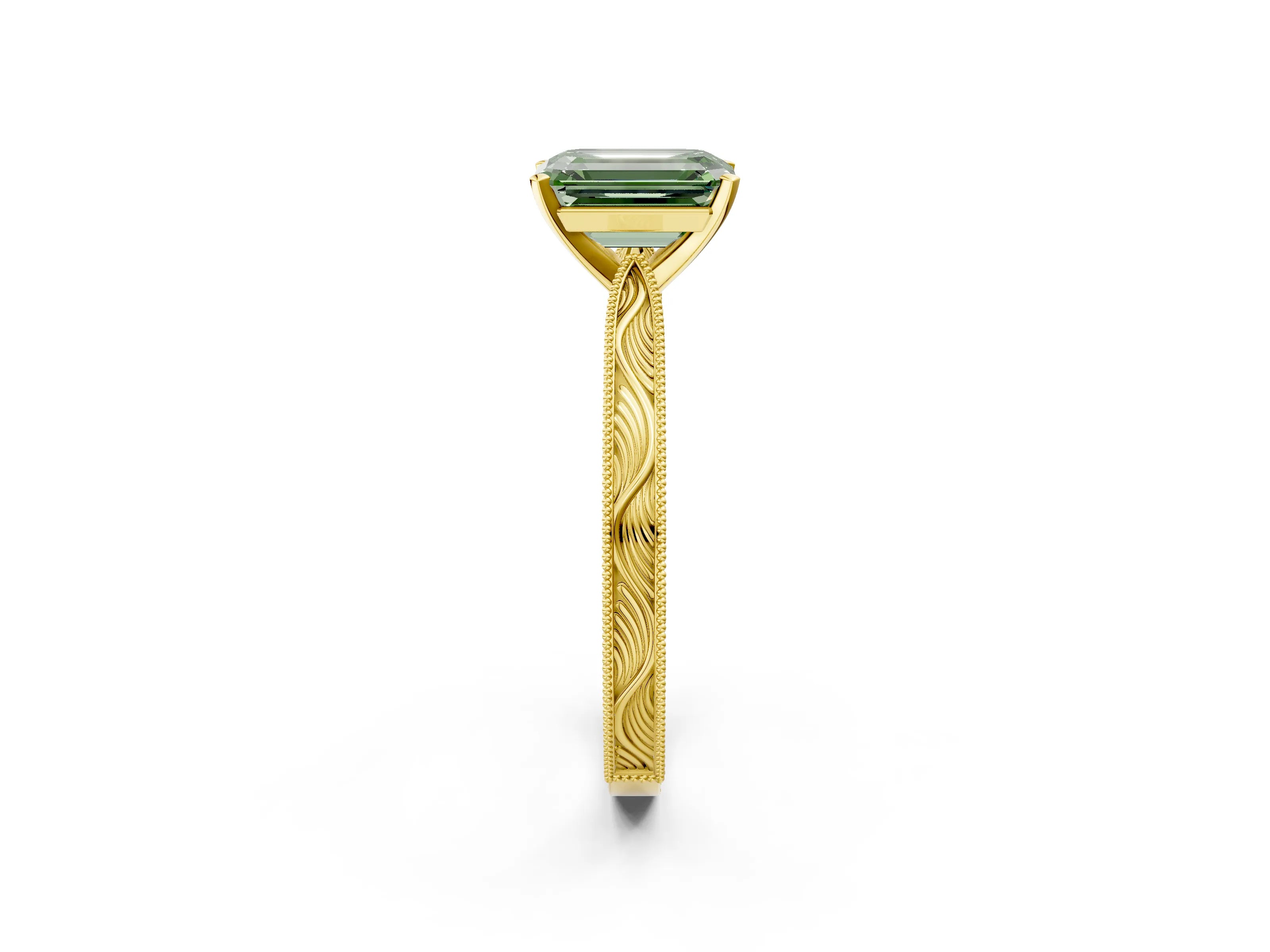Yellow gold Fancy Green Emerald Cut Solitaire Milgrain Engraved Band with Four-Prong Setting_2