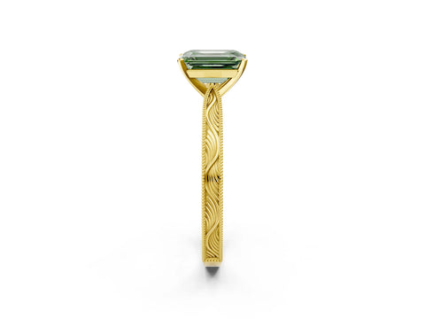 Yellow gold Fancy Green Emerald Cut Solitaire Milgrain Engraved Band with Four-Prong Setting_2