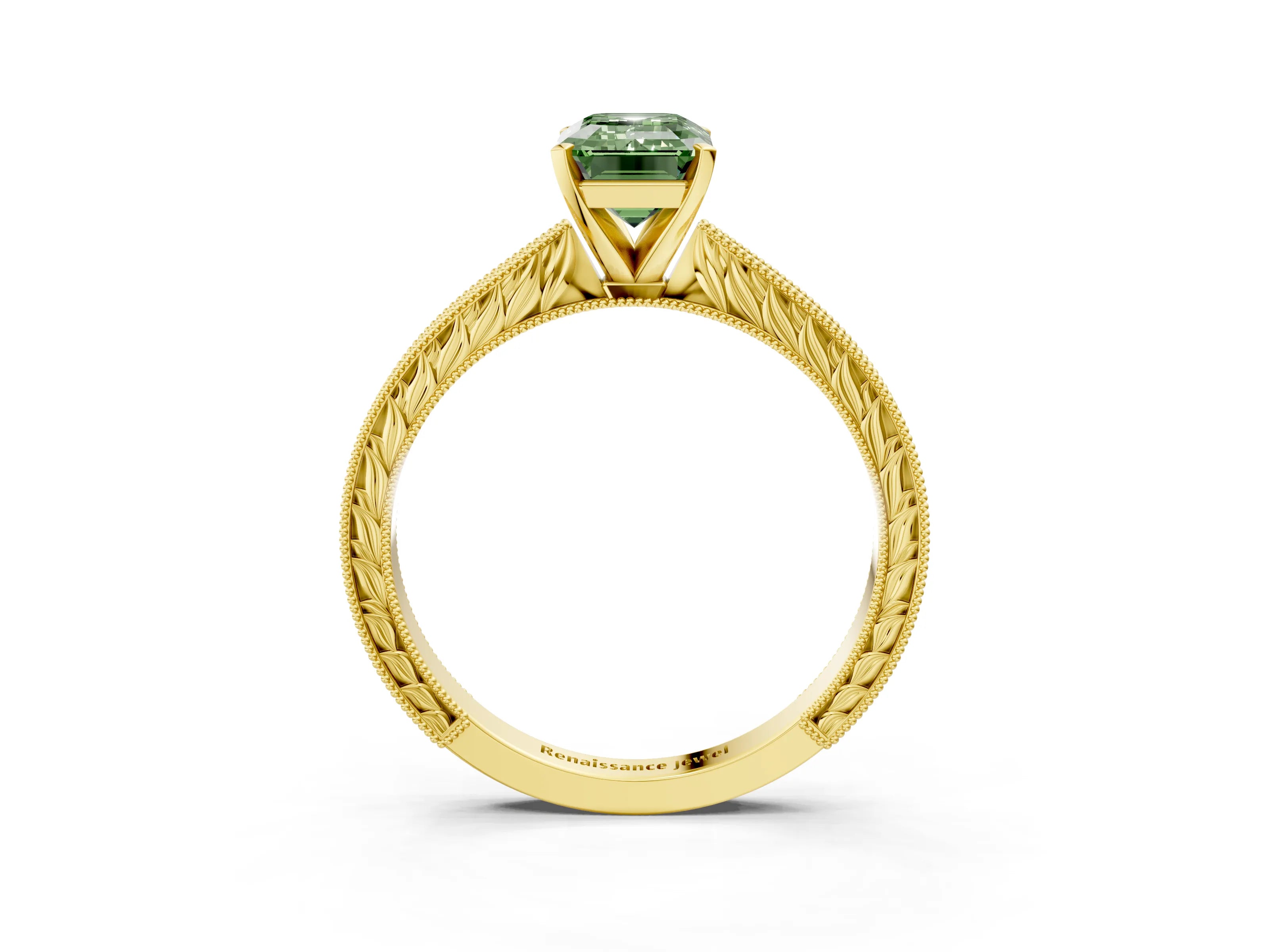 Yellow gold Fancy Green Emerald Cut Solitaire Milgrain Engraved Band with Four-Prong Setting_3