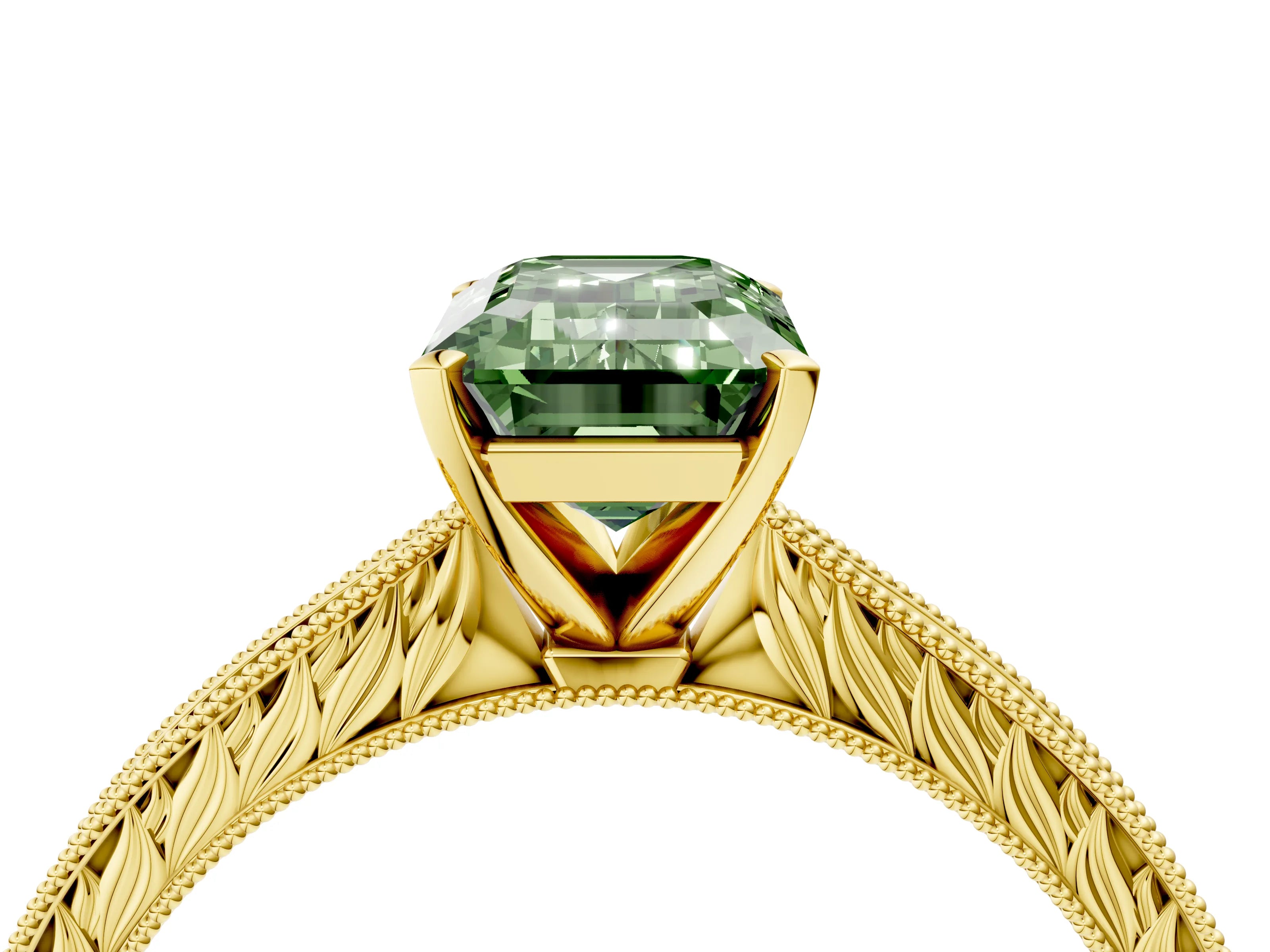 Yellow gold Fancy Green Emerald Cut Solitaire Milgrain Engraved Band with Four-Prong Setting_4