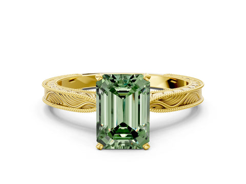 Yellow gold Fancy Green Emerald Cut Solitaire Milgrain Engraved Band with Four-Prong Setting