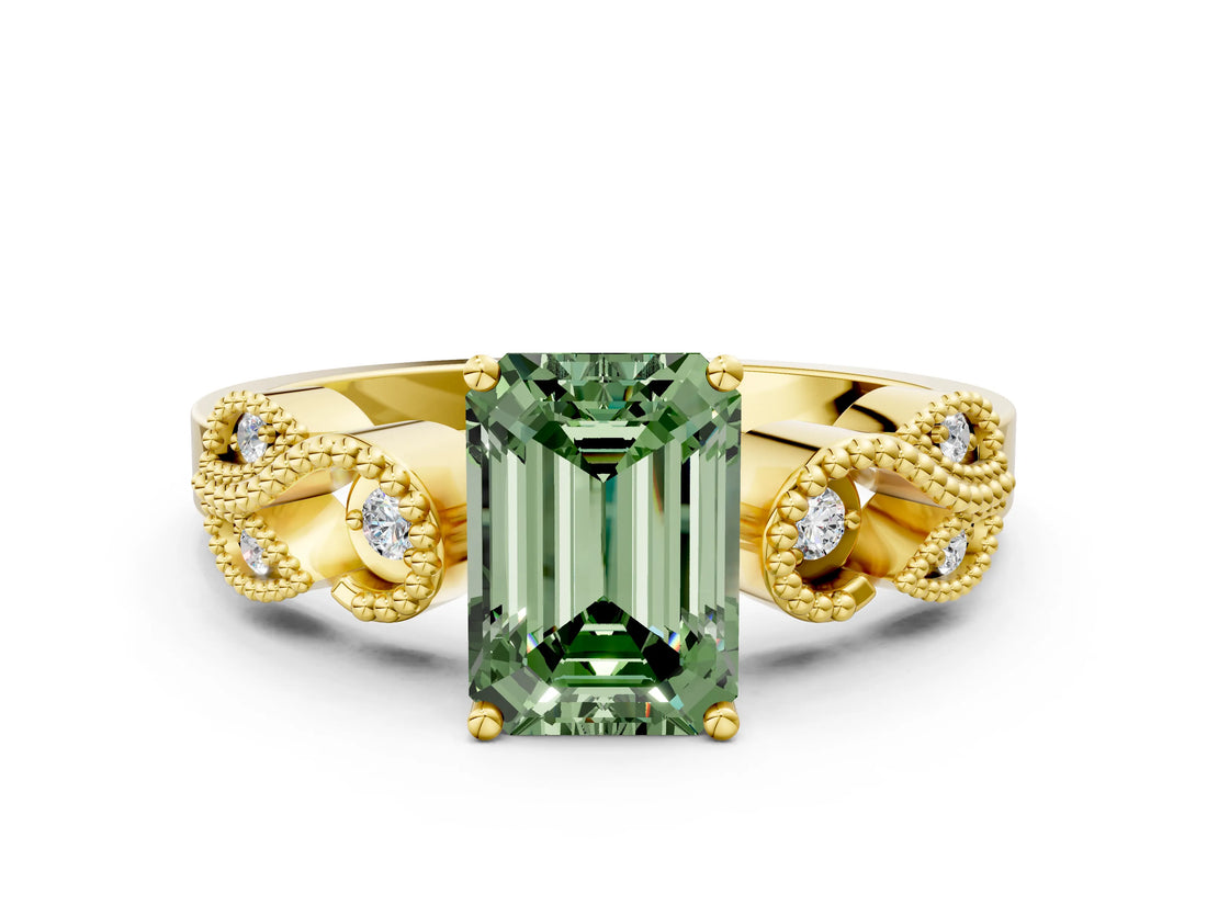 Yellow gold Fancy Green Emerald Cut Solitaire Milgrain Leaf Band with Prong Setting