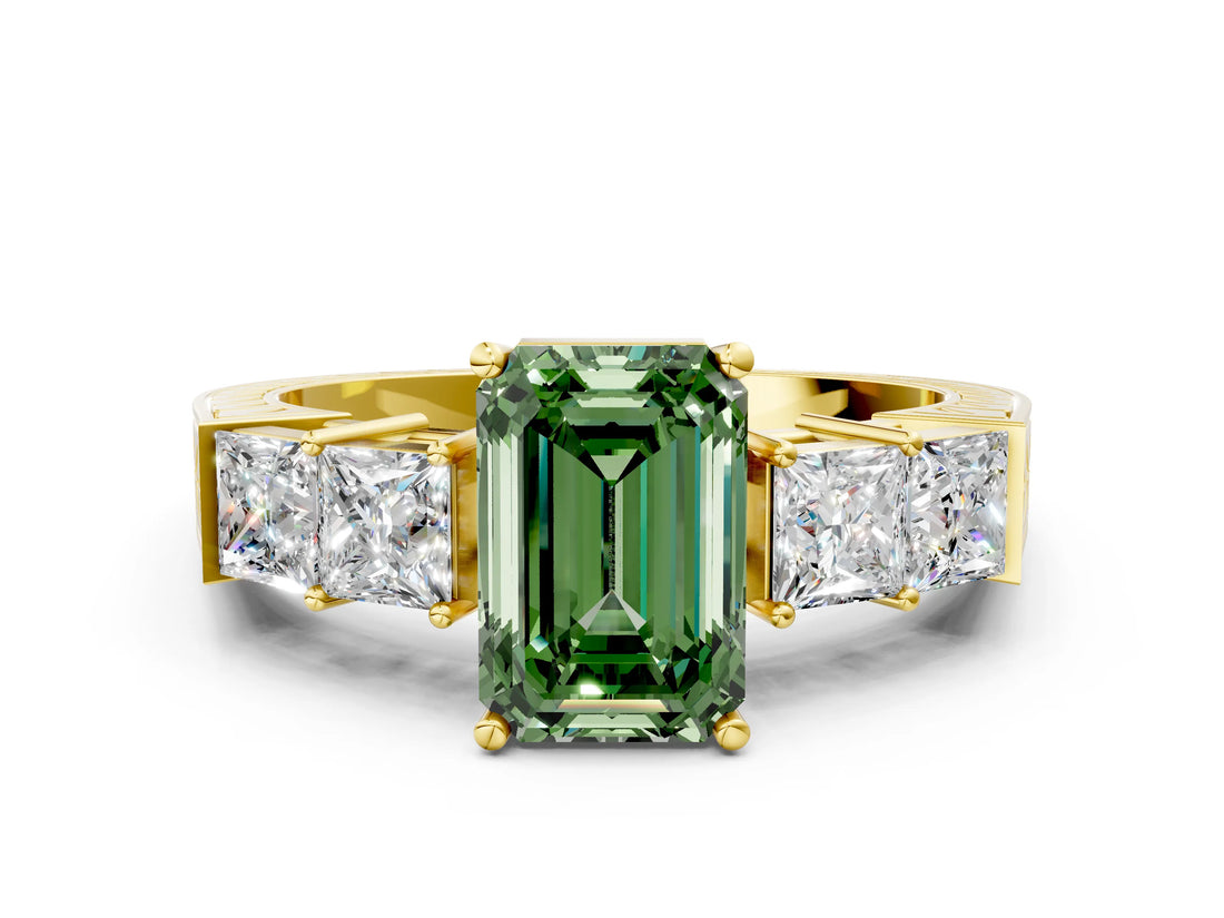 Yellow gold Fancy Green Emerald Cut Solitaire Princess Side Stone Engraved Band Prong Setting Ring