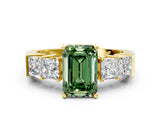 Yellow gold Fancy Green Emerald Cut Solitaire Princess Side Stone Engraved Band Prong Setting Ring