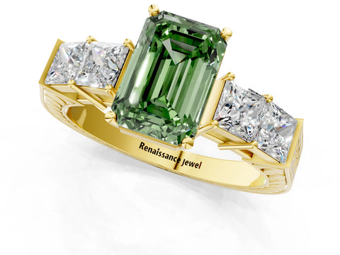 Yellow gold Fancy Green Emerald Cut Solitaire Princess Side Stone Engraved Band Prong Setting Ring_1